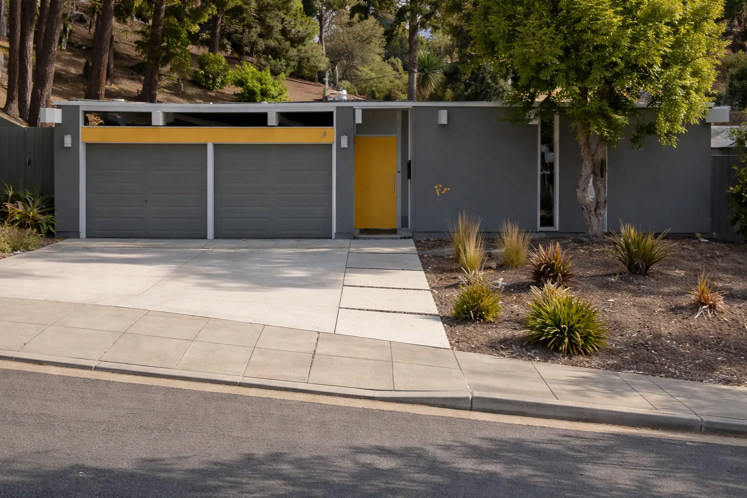 AI-generated illustration of a grey Eichler on a sloping Highlands street with a yellow spandrel panel above the garage and a wooded hillside rising behind.