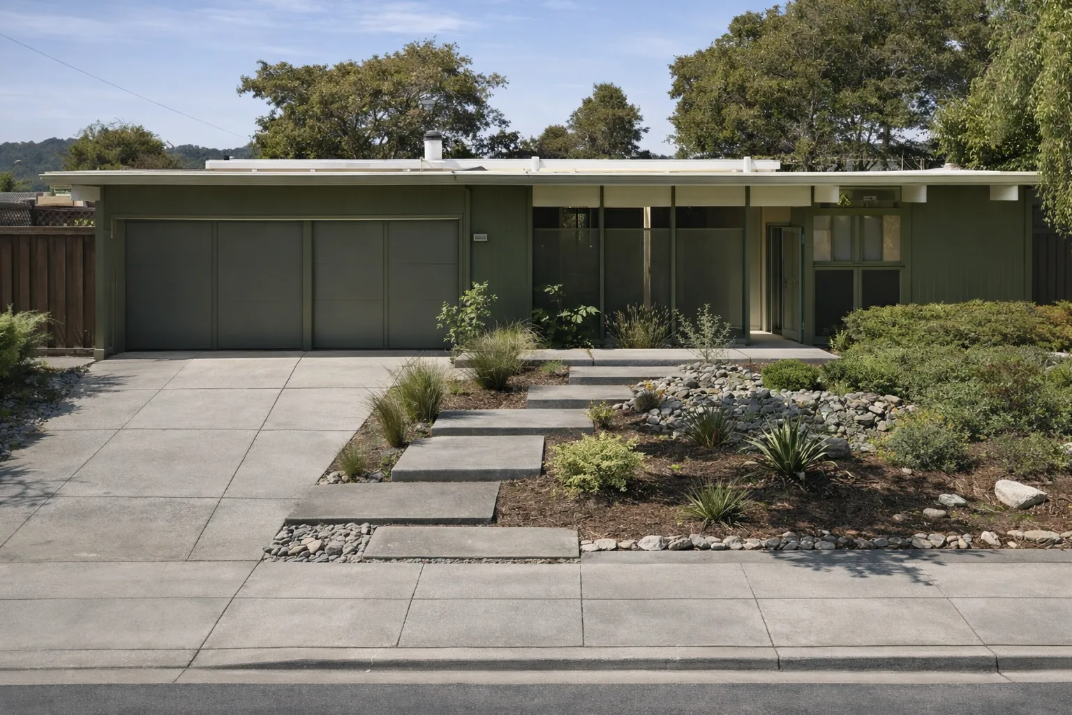 AI-generated illustration of an olive-green Eichler whose front elevation opens into a glazed entry court with exposed posts and beams.