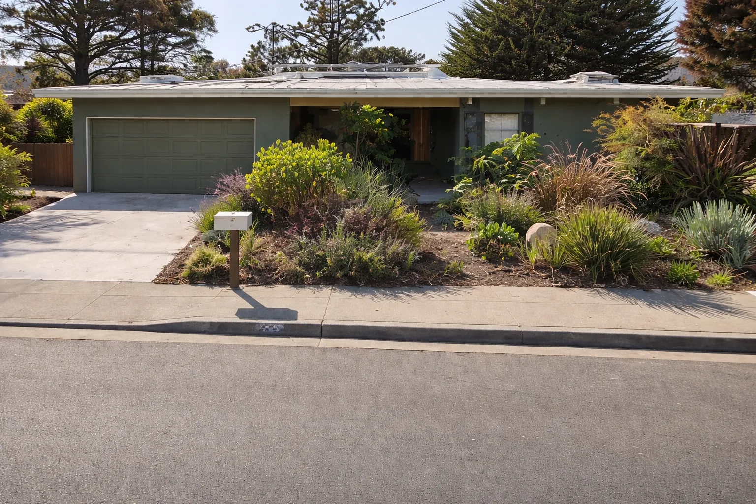 AI-generated illustration of a sage-green house with a low hipped roof on all four sides, behind a deep drought-tolerant front garden.