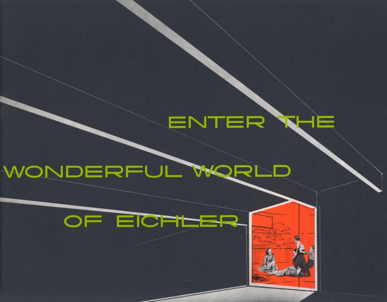 Brochure cover: a charcoal perspective drawing of a hallway opening onto an orange-lit courtyard, lettered in chartreuse.