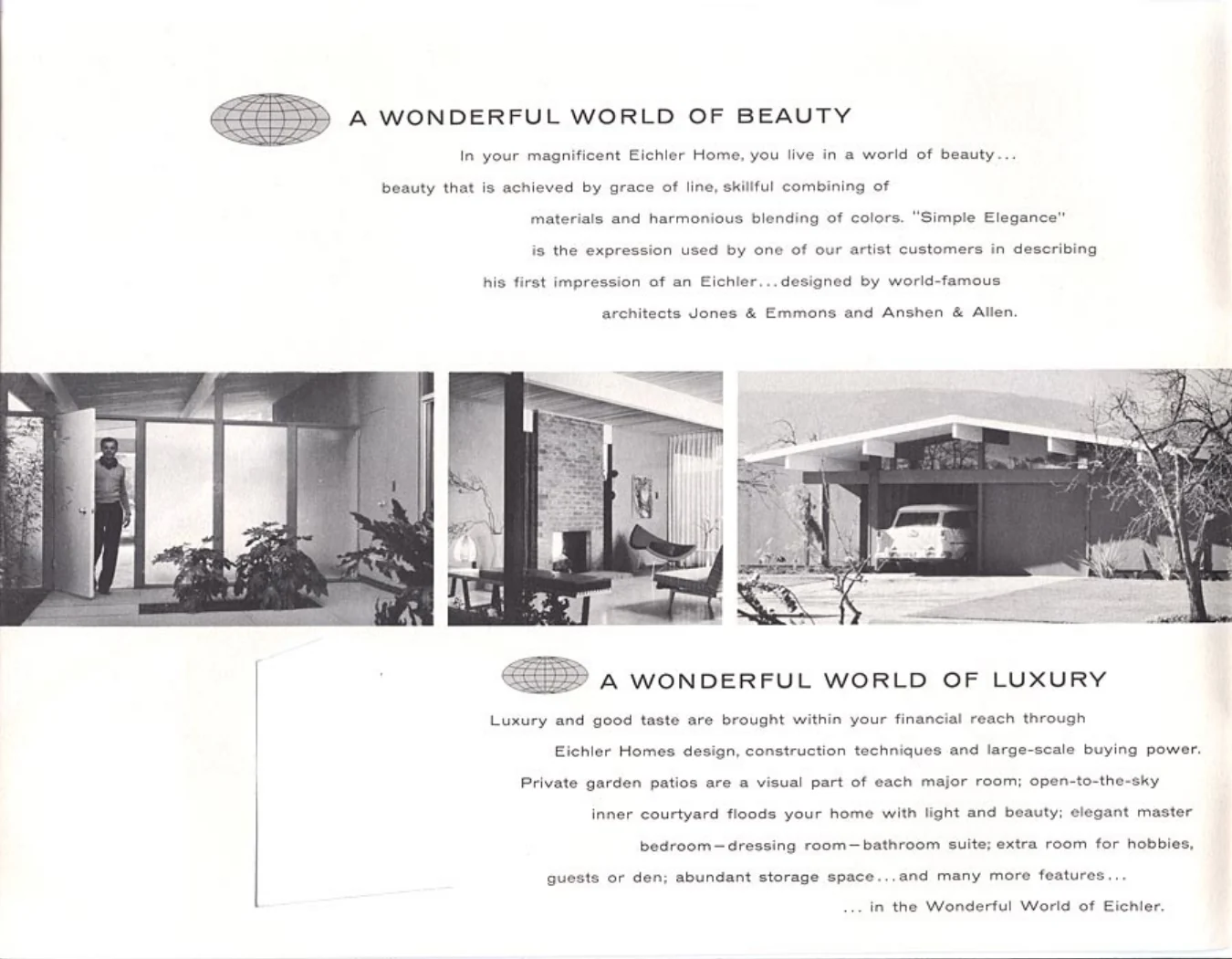 Brochure spread headed A Wonderful World of Beauty and A Wonderful World of Luxury, with three interior and exterior photographs.