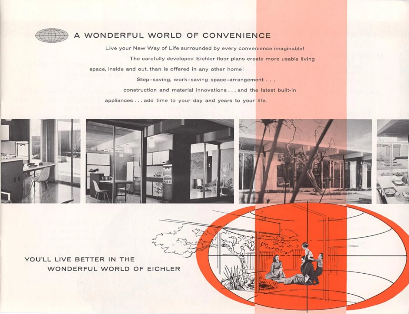 Brochure spread headed A Wonderful World of Convenience, with four photographs and an orange globe graphic.