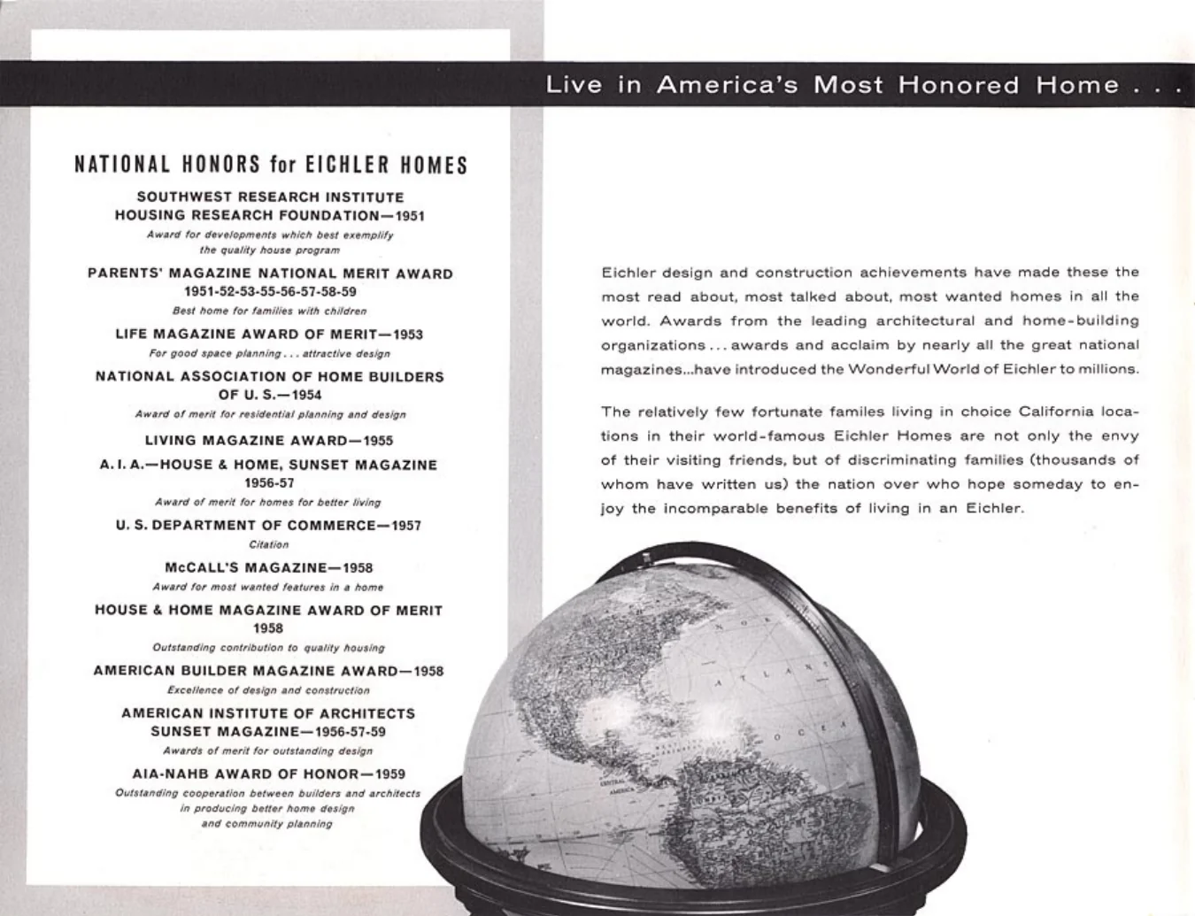 Brochure page headed Live in America's Most Honored Home, listing national awards beside a photograph of a desk globe.
