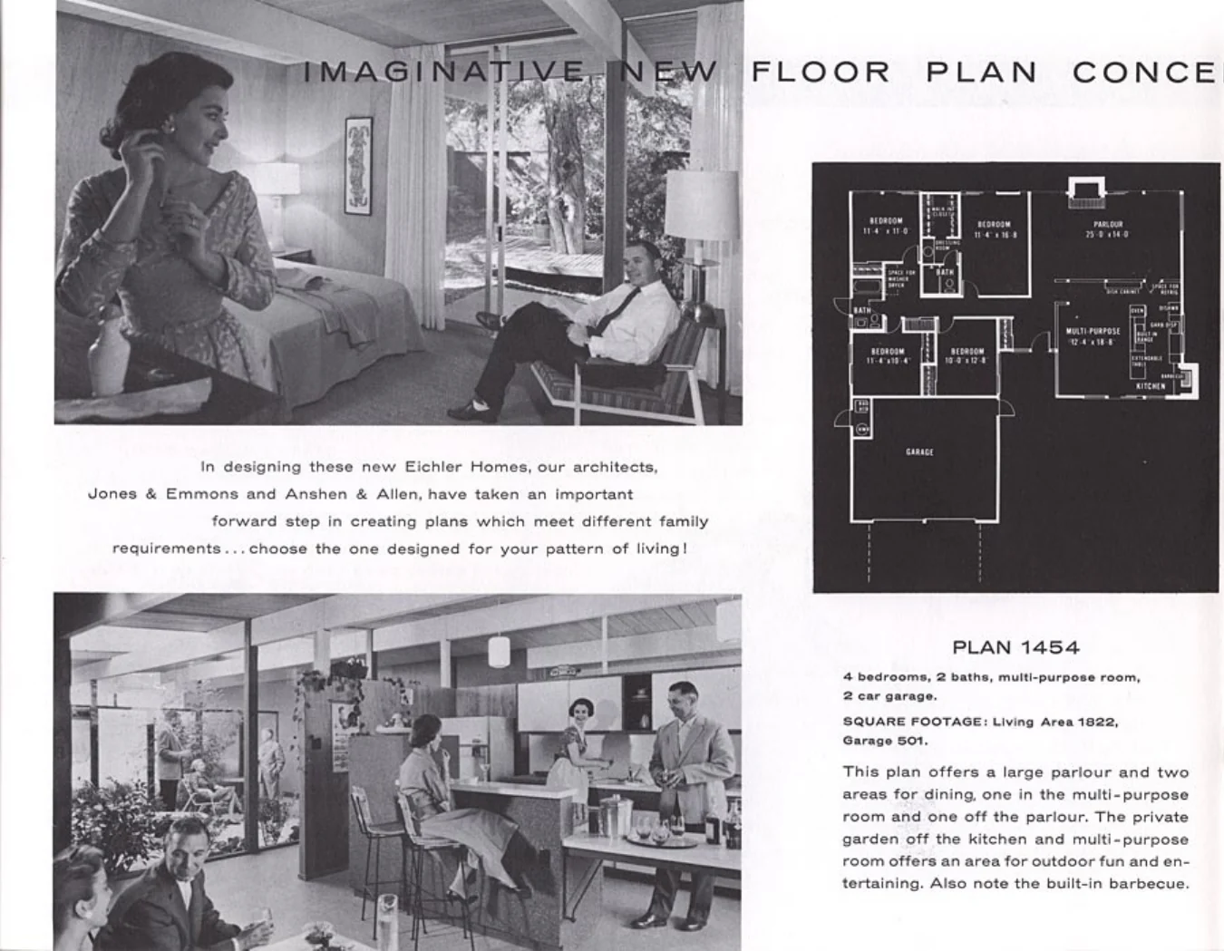 Brochure page headed Imaginative New Floor Plan Concepts, showing Plan 1454 with two photographs.