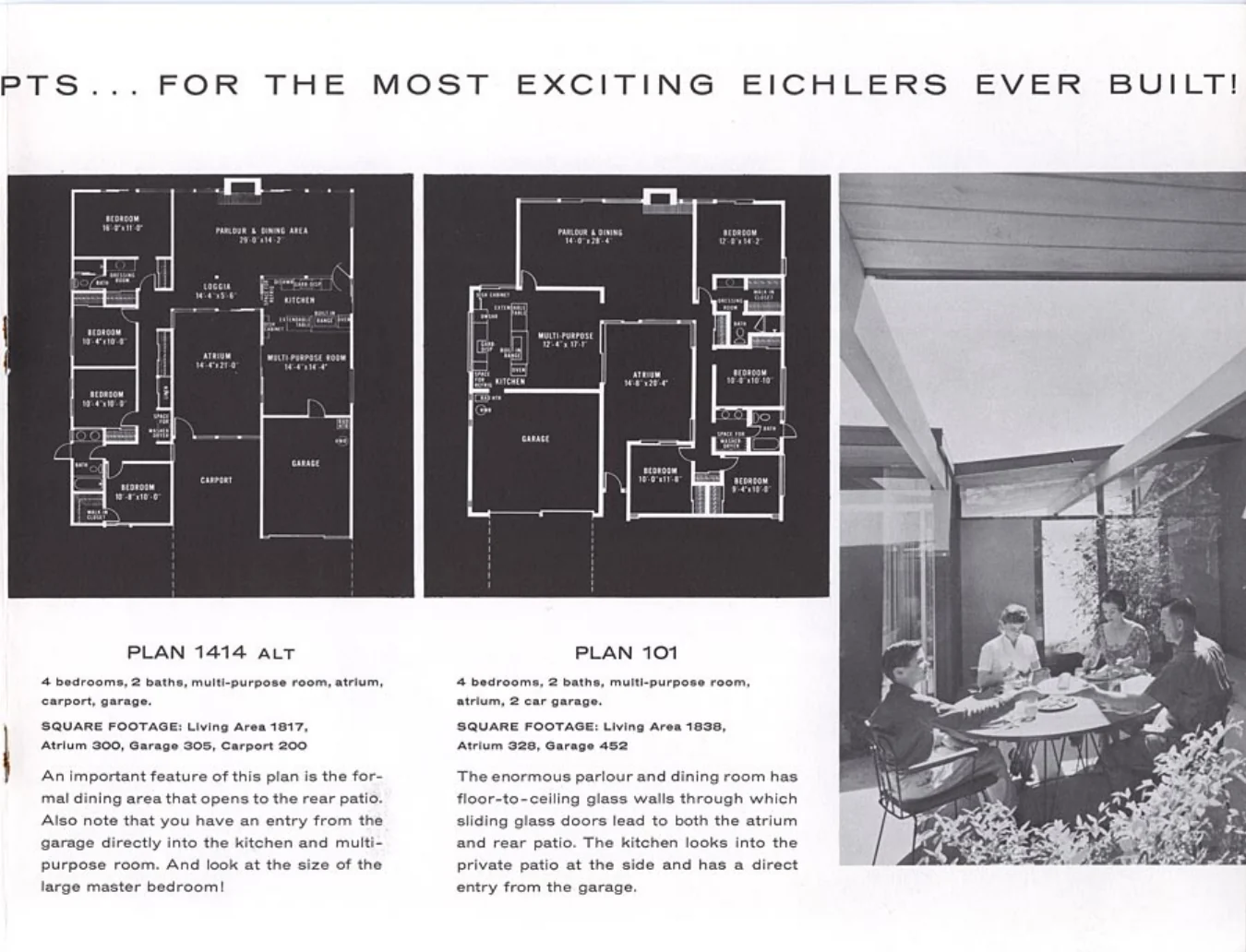 Brochure page showing Plan 1414 ALT and Plan 101 with square footage, beside a photograph of a family dining outdoors.