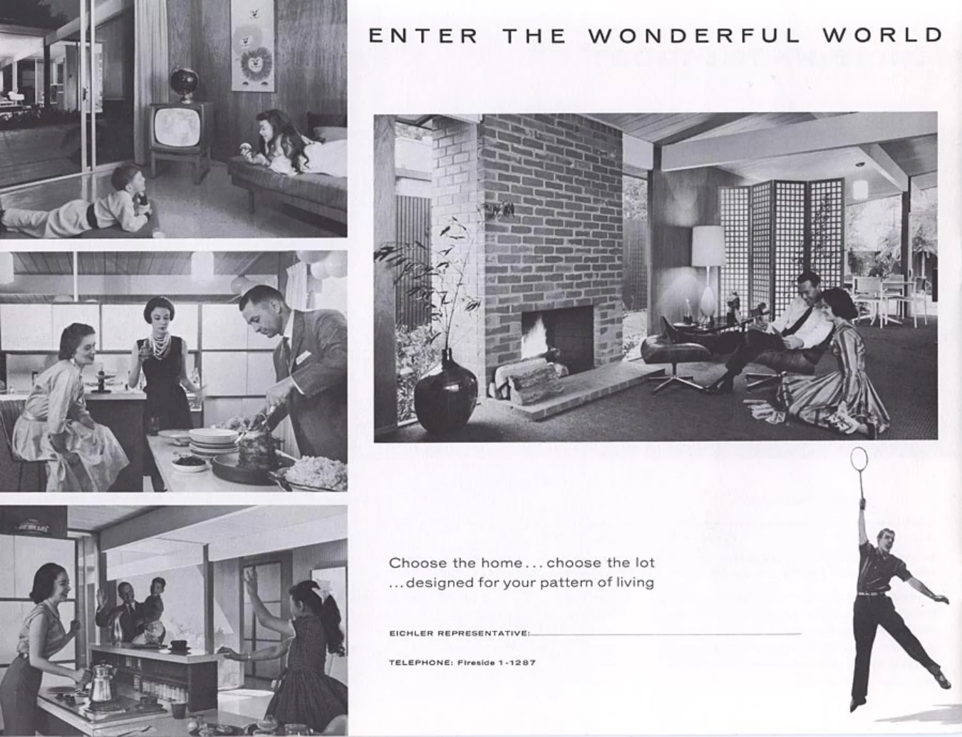Brochure spread headed Enter the Wonderful World, with interior photographs and a blank line for the Eichler representative's name.