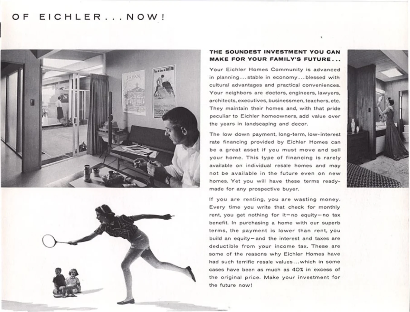 Brochure page headed The Soundest Investment You Can Make For Your Family's Future, with photographs of children and a woman playing badminton.