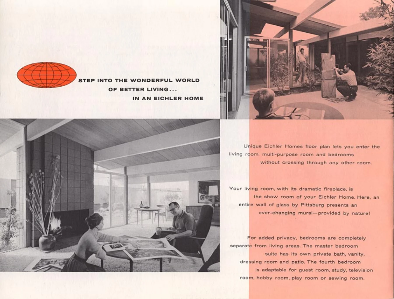 Brochure spread headed Step Into the Wonderful World of Better Living in an Eichler Home, printed on a salmon-pink ground.