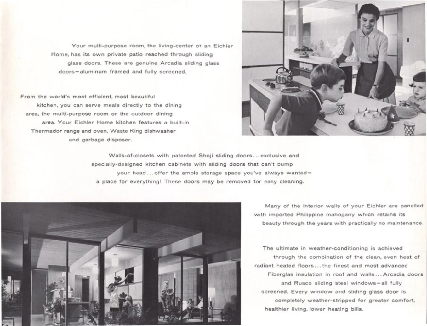 Brochure page describing the multi-purpose room, kitchen, Shoji closet doors and weather-conditioning, with two photographs.