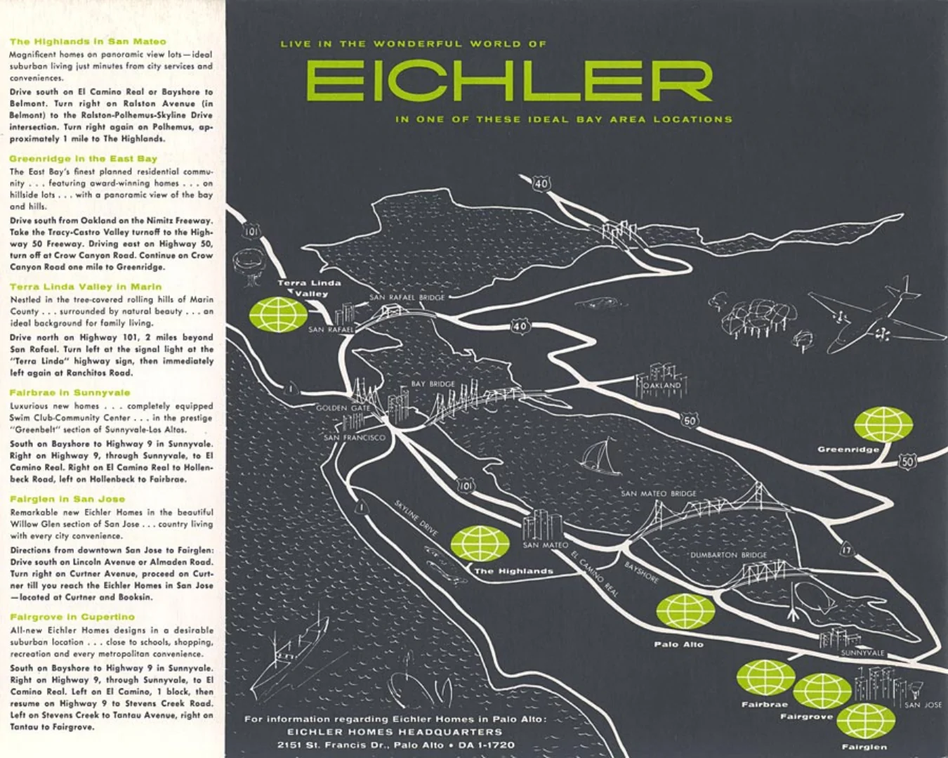 Brochure back cover, a chartreuse and charcoal map of the San Francisco Bay Area marking six Eichler communities.