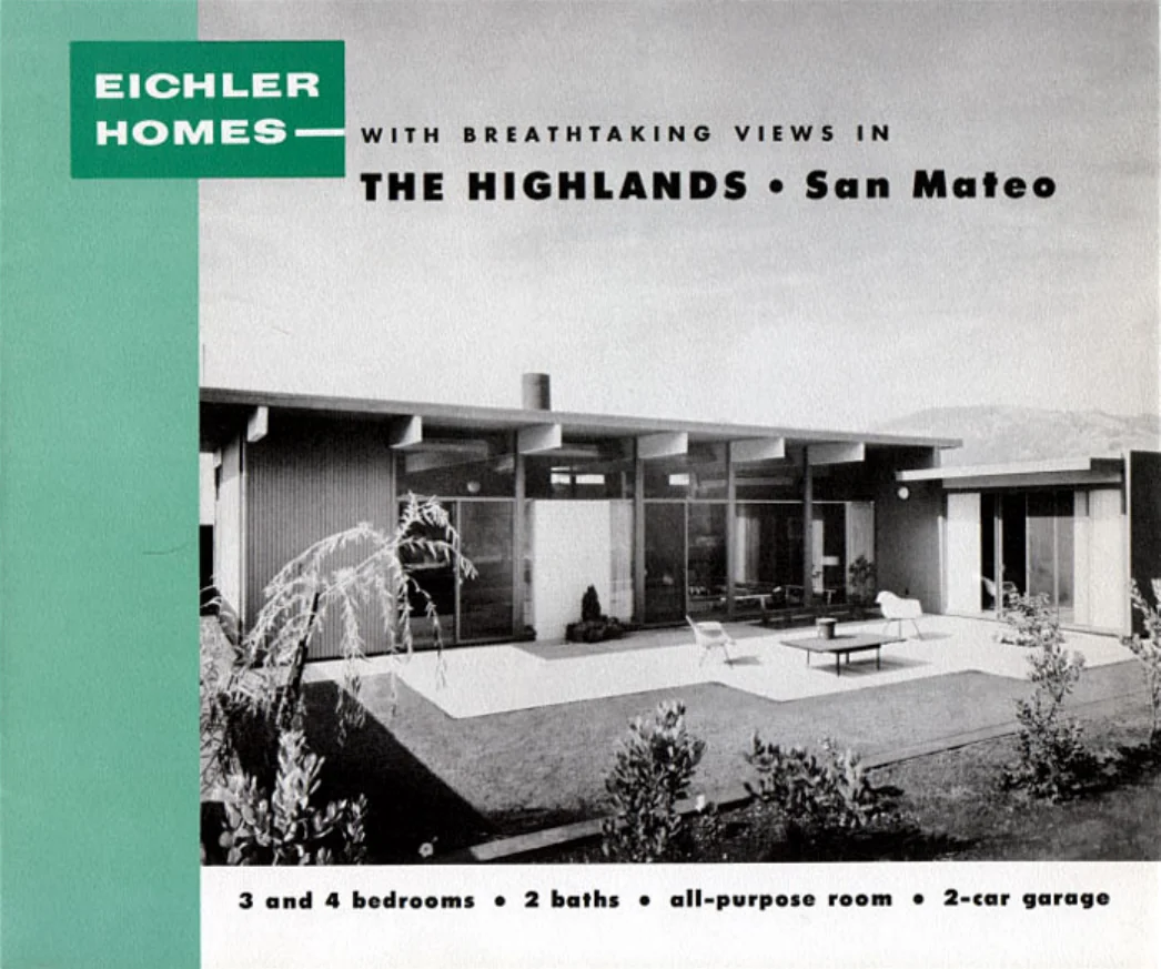 Brochure cover with a green vertical band and a photograph of an Eichler terrace, headed With Breathtaking Views in The Highlands, San Mateo.