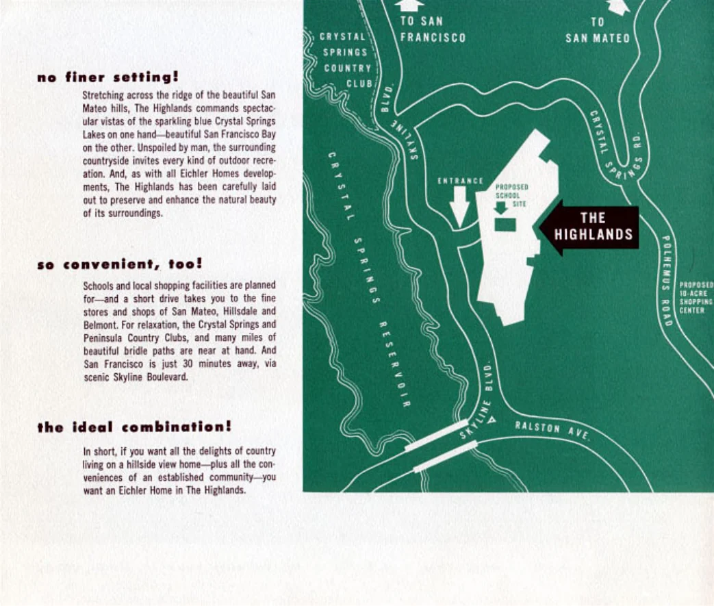 Brochure spread with three short sections of text beside a green map of the Highlands marking a proposed school site and a proposed shopping centre.