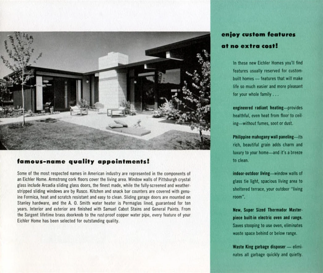 Brochure spread headed famous-name quality appointments and enjoy custom features at no extra cost, with a photograph of an Eichler exterior.