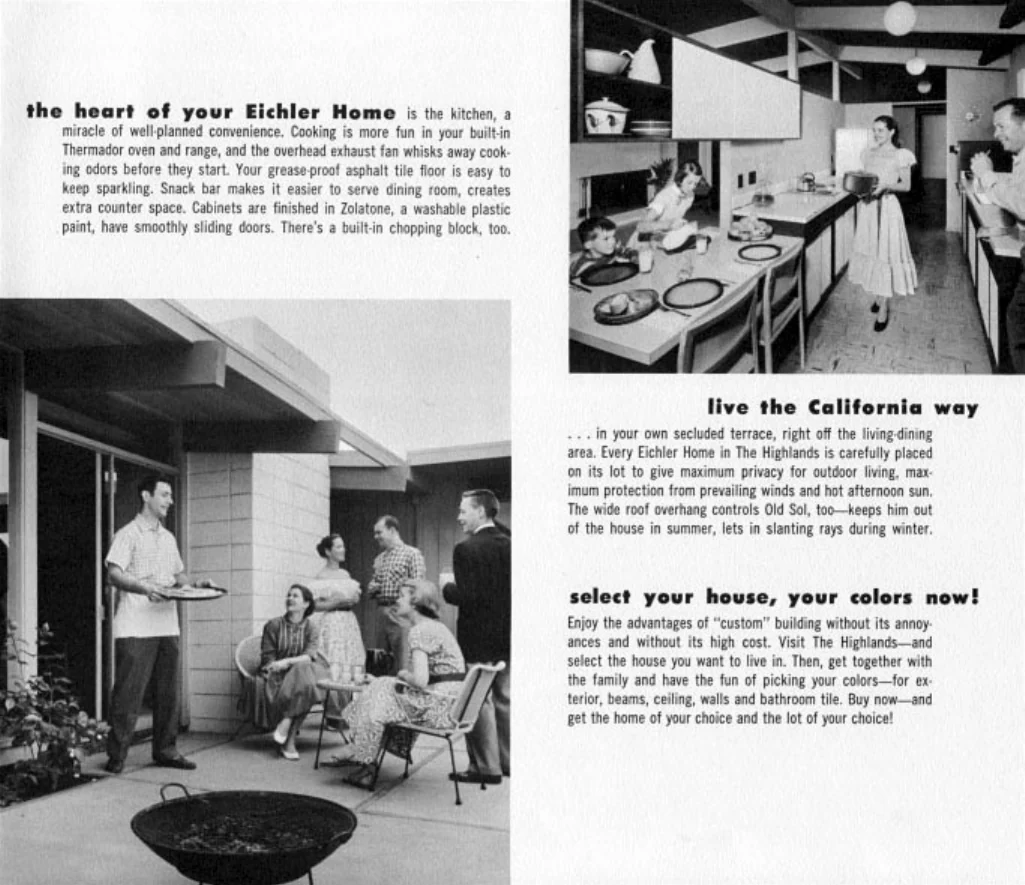 Brochure spread headed the heart of your Eichler Home, live the California way and select your house your colors now, with photographs of a kitchen and a terrace party.