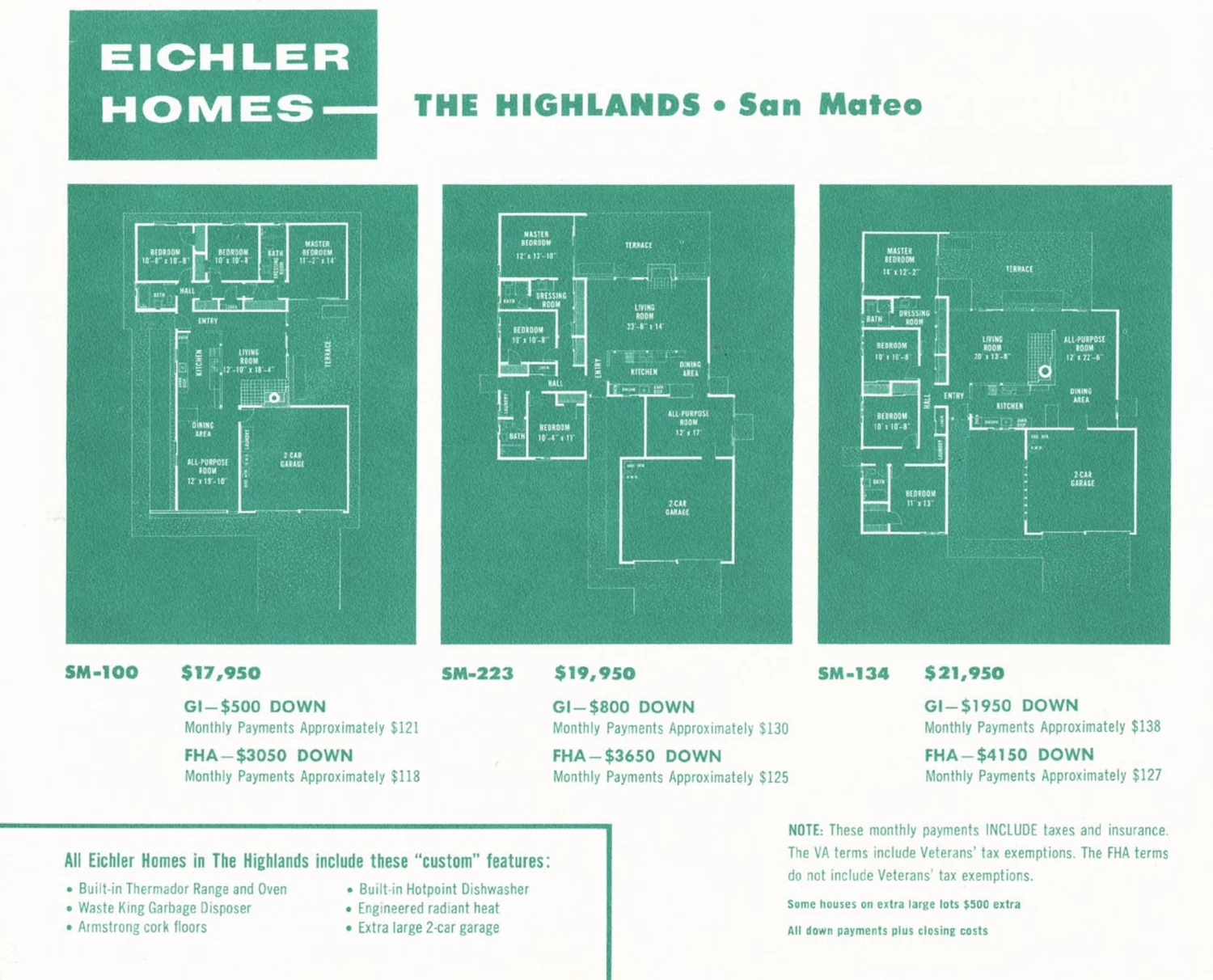 Price card printed in green showing three Eichler floor plans with prices, down payments and monthly payments for plans SM-100, SM-223 and SM-134.