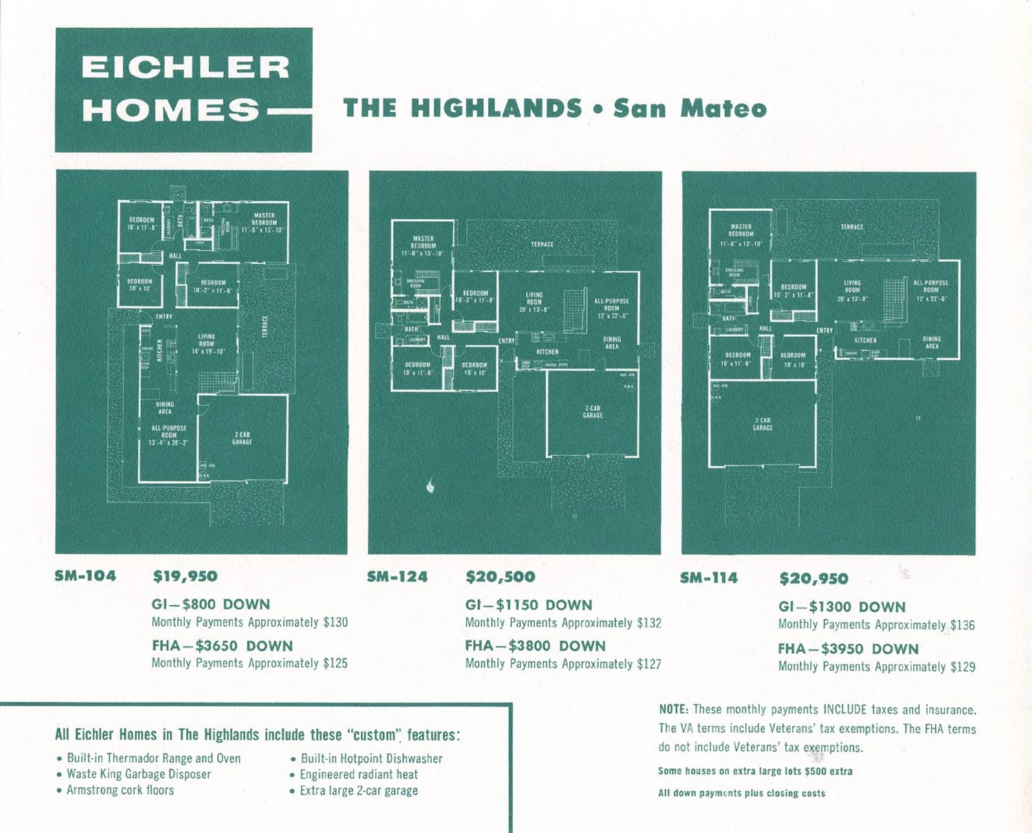 Price card printed in green showing three Eichler floor plans with prices, down payments and monthly payments for plans SM-104, SM-124 and SM-114.