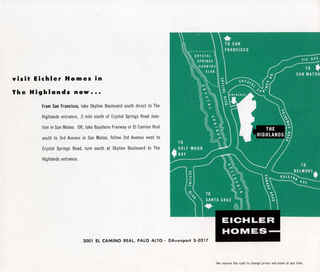 Brochure back cover with driving directions beside a green map, and the Eichler Homes logotype above a Palo Alto address.