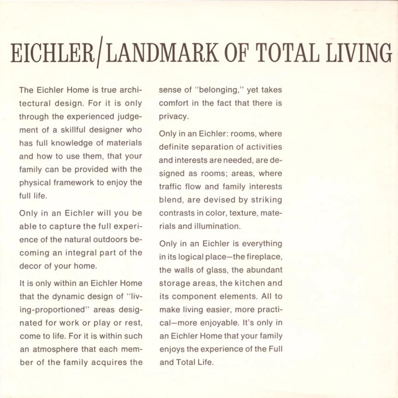 Brochure page headed EICHLER / LANDMARK OF TOTAL LIVING, two columns of text with no photographs.