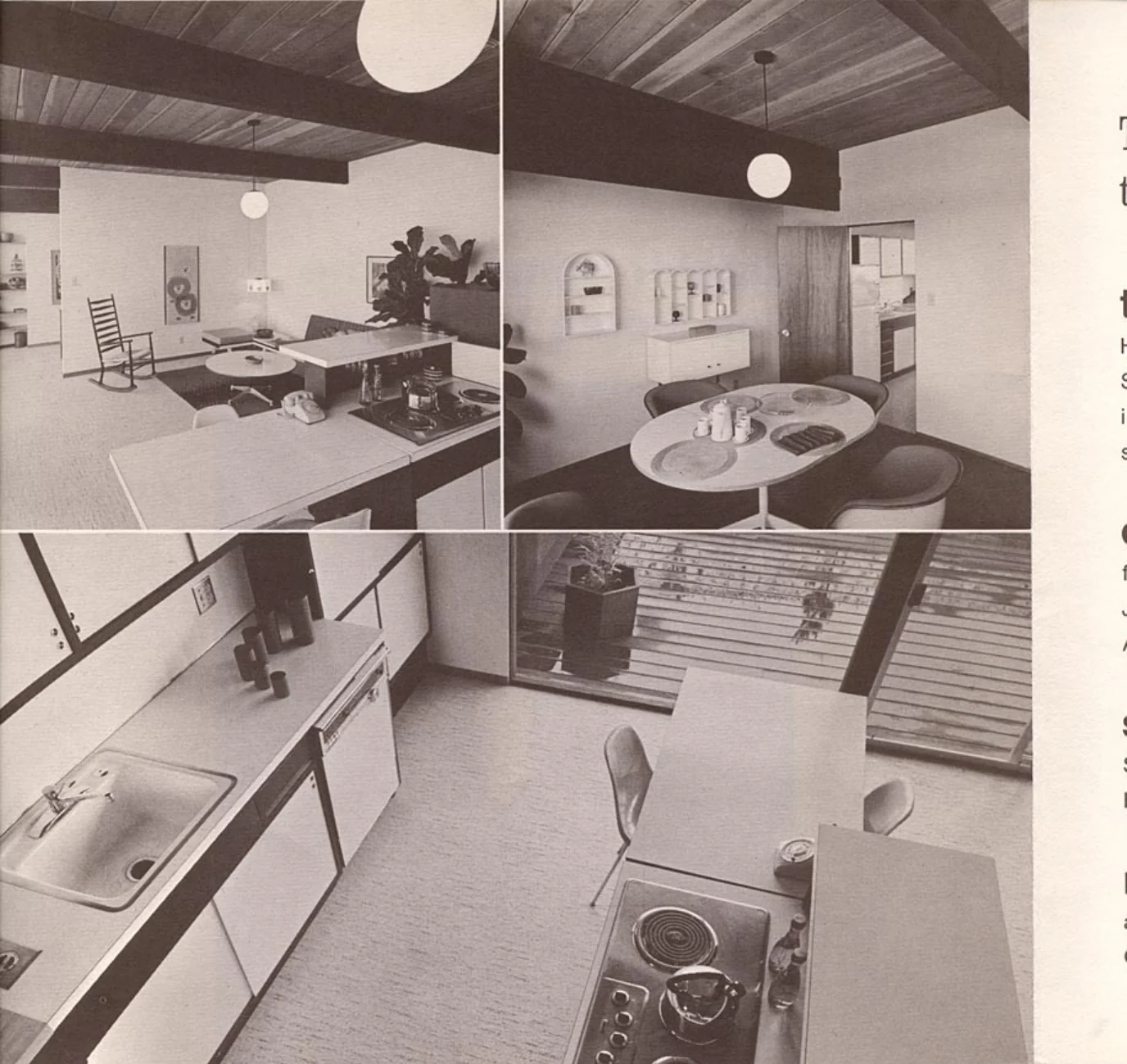 Brochure spread of four photographs showing an Eichler kitchen and dining area with exposed beams, a globe pendant and an island cooktop.