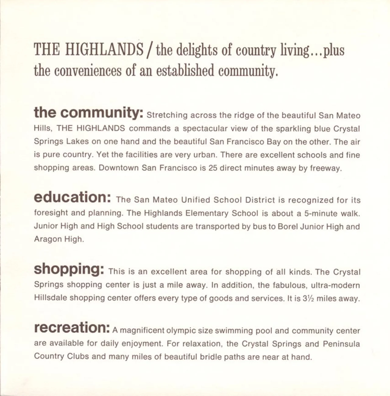 Brochure page headed THE HIGHLANDS, the delights of country living, with sections on community, education, shopping and recreation.