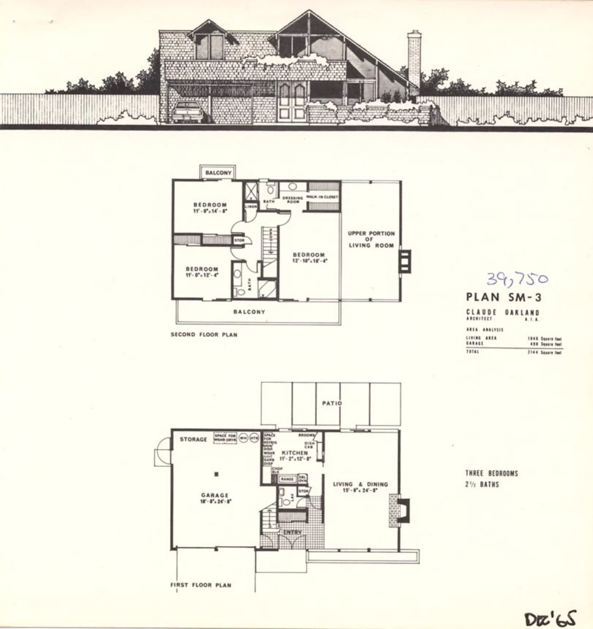 Plan sheet for Eichler Plan SM-3, a two-storey three-bedroom house, with an elevation drawing above two floor plans and a price written in pen.