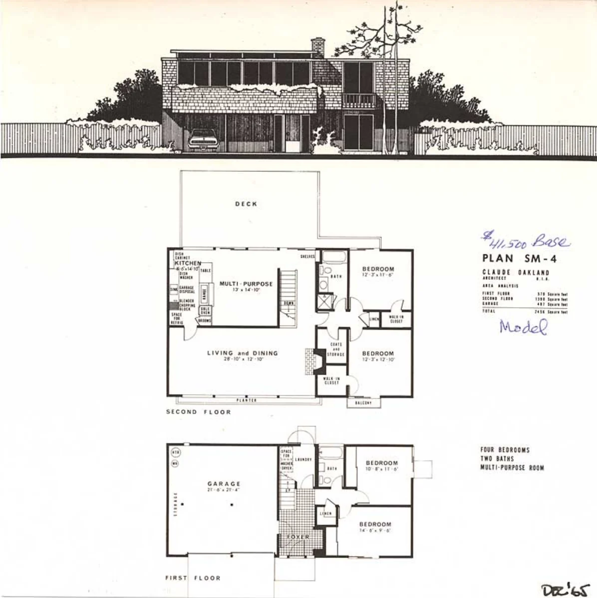 Plan sheet for Eichler Plan SM-4, a two-storey four-bedroom house, with an elevation drawing above two floor plans and a price written in pen.