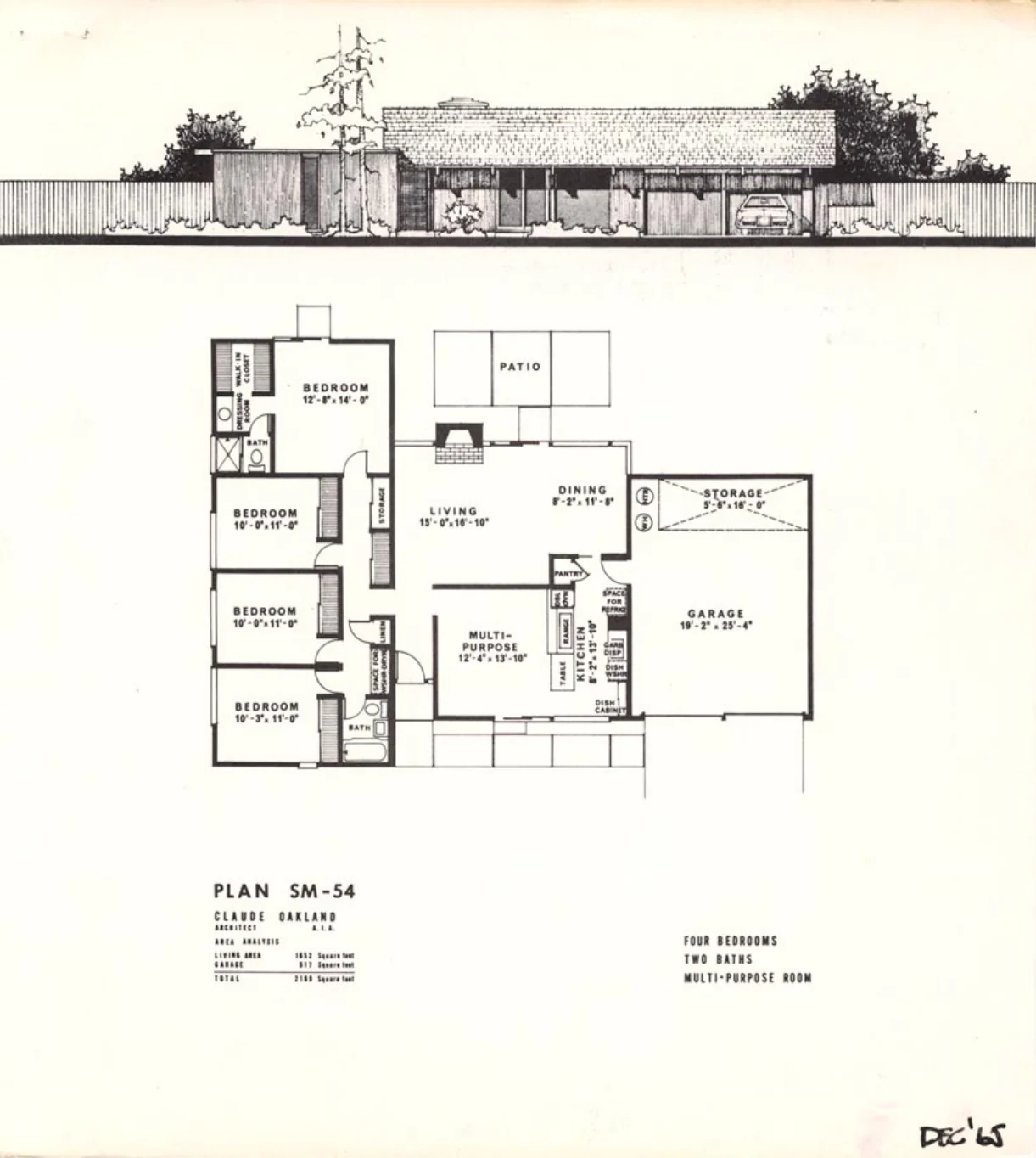 Plan sheet for Eichler Plan SM-54, a single-storey four-bedroom house, with an elevation drawing above the floor plan.