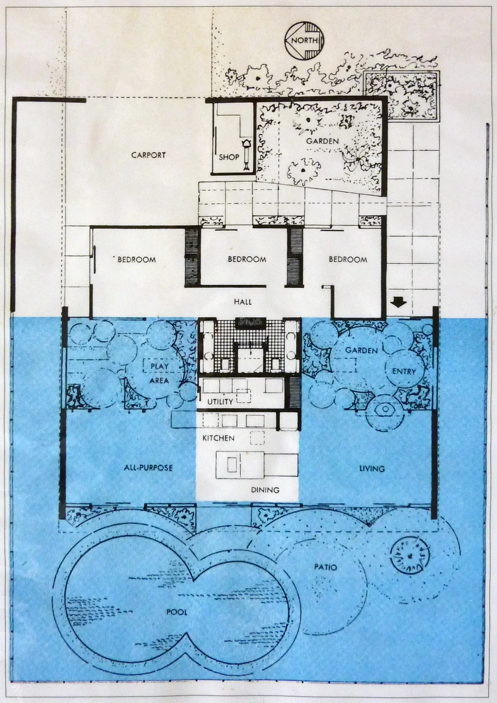 A reproduction of the 1956 Eichler X-100 floor plan as printed in the opening brochure.
